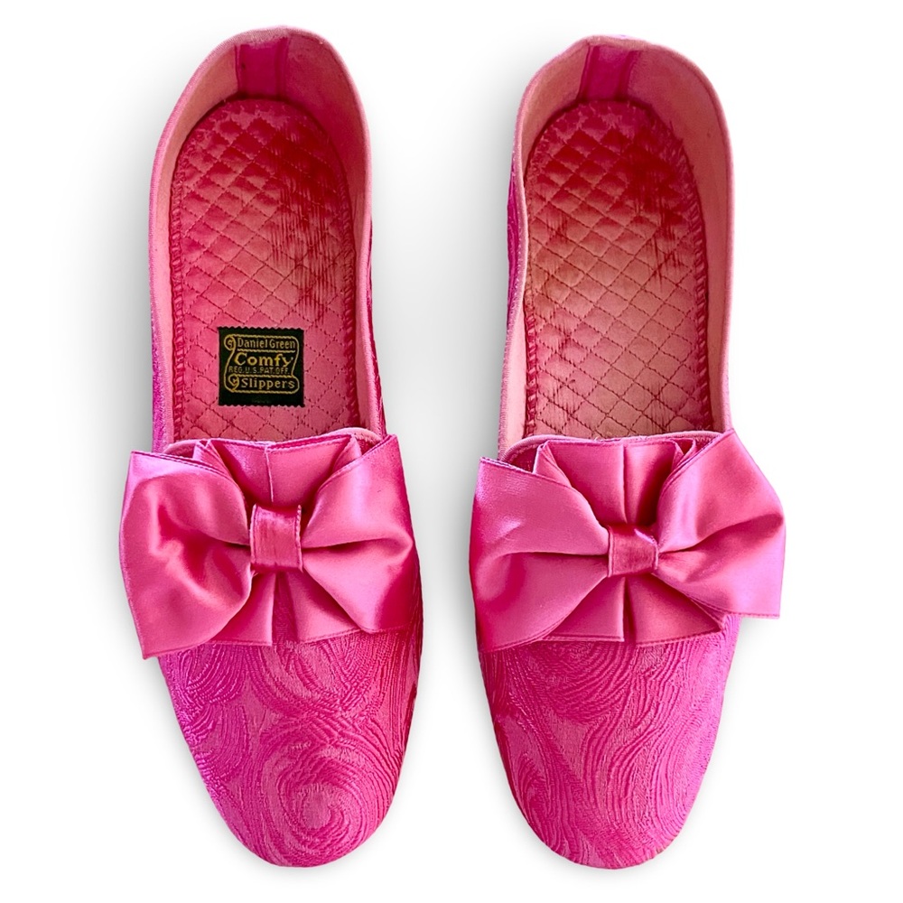 Daniel Green Vintage Comfy Slippers Hot Pink with Bows 1960s Size B70